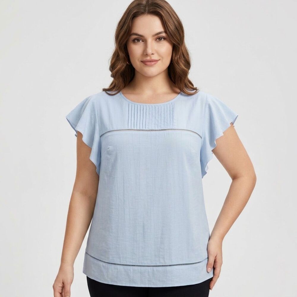 BloomChic Light Blue Flutter Sleeve Pintuck Blouse 2X - Cottagecore Soft Girl
